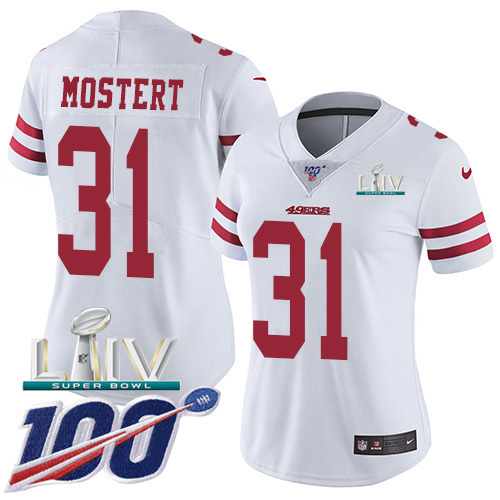 San Francisco 49ers Nike #31 Raheem Mostert White Super Bowl LIV 2020 Women Stitched NFL 100th Season Vapor Untouchable Limited Jersey->women nfl jersey->Women Jersey